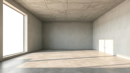 Poster - Clean bright empty room with neutral concrete walls, floor, and ceiling, featuring a large window with sunlight streaming in