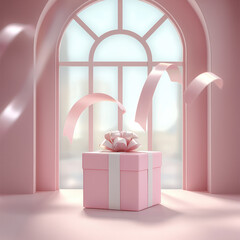 Aufkleber - Pink gift box with ribbon bow sits on pastel windowsill, sunlight streaming through arched window, creating dreamy mood