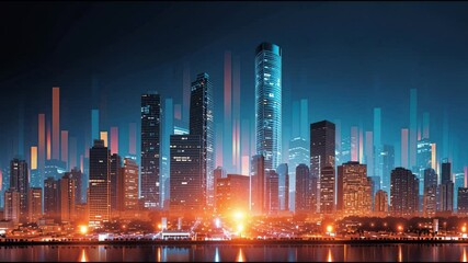 Poster - Vibrant Futuristic Cityscape at Night with Neon Lights, Illuminated Skyscrapers, Modern Urban Skyline, and High Tech Atmosphere Reflecting on Calm Water