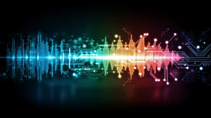 Aufkleber - Vibrant Digital Soundwave with Colorful Spectrum and Futuristic Audio Technology, Integrated with Glowing Circuit Patterns Representing Innovation and Modern Design on Dark Background