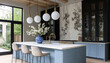 © Jessica - Modern and elegant kitchen with light blue island, gold accents and garden views. Ideal for interior design and lifestyle projects.