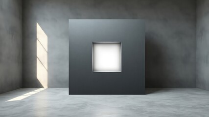 Poster - Monochrome room with concrete textures and a block with an internal opening, showcasing a square illuminated area.