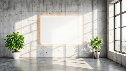 Poster - Modern Interior with Polished Concrete Walls, Plants, Large Window, and Illuminated White Rectangular Space for Display