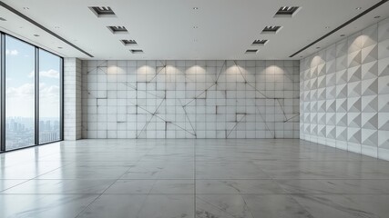 Poster - Bright empty space with geometric walls and window view provides a feeling of modern design
