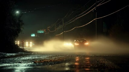 Poster - Headlights illuminate a wet road as a car drives through the night, creating a cloud of mist that billows behind it, reflecting the light and creating a dramatic scene