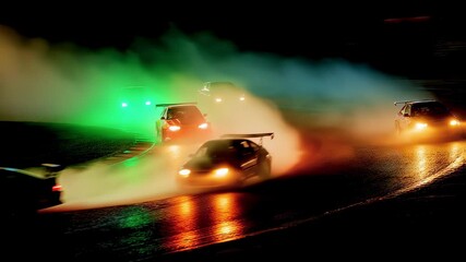 Poster - Modified japanese racing cars sliding sideways across wet racetrack, generating dramatic smoke trails under nighttime illumination during high speed competitive drifting performance