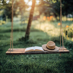 Poster - Wooden swing straw hat open book sunlight green grass outdoor peaceful summer relaxation