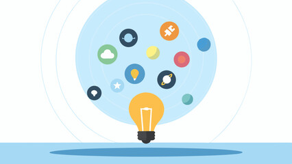 Poster - Lightbulb with floating icons in a blue circle representing ideas and innovation concept art design