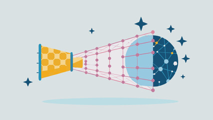 Poster - Illustration of a network funneling into a sphere with connecting lines and stars around it