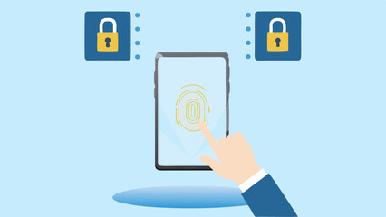 Poster - fingerprint authentication on a smartphone with secure lock icons on a light blue background scene