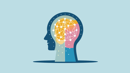 Poster - Illustration of a head silhouette with a brain network and colorful sections inside the head shape
