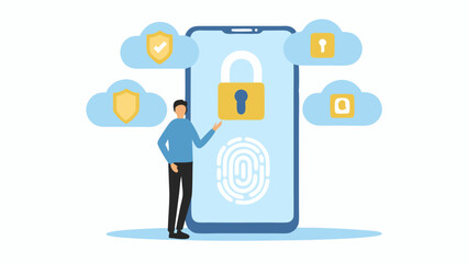 Poster - a digital illustration of a man presenting mobile security with cloud and fingerprint sensor lock