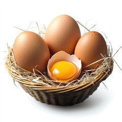 Poster - Four organic brown eggs in wicker basket with straw, one cracked open showing yolk, fresh and natural