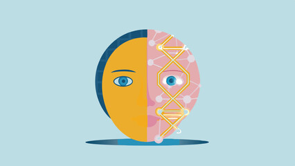 Poster - Illustration of a human face divided between organic and technological elements with dna strand