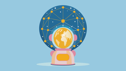 Poster - Stylized globe inside a network dome on a pink stand against a light blue background illustration