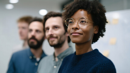 Poster - Confident businesswoman with glasses standing in front of diverse team, smiling and looking forward