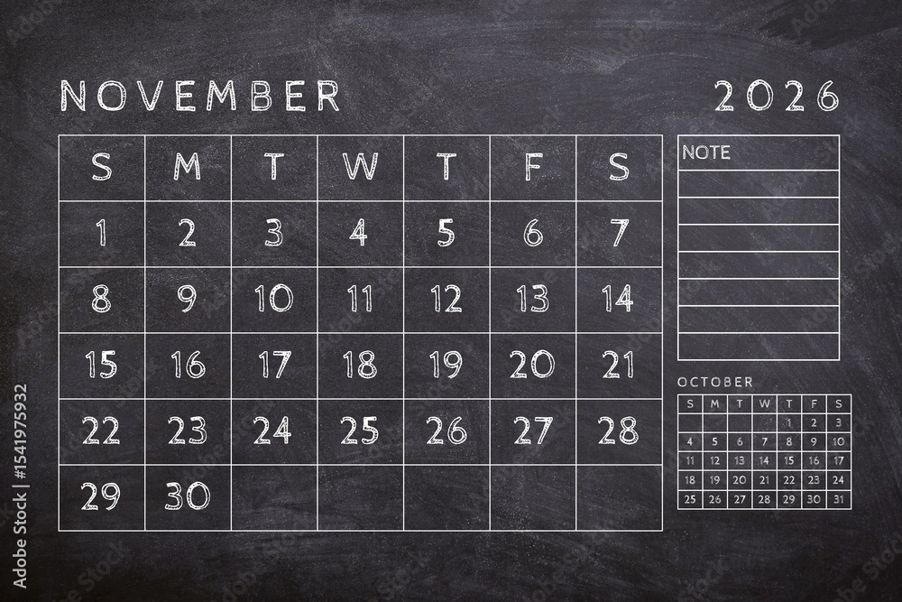 November 2026 calendar set on black background. Design template of ...
