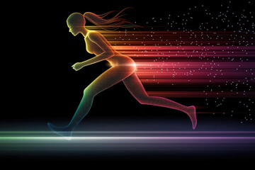 Aufkleber - Abstract rainbow silhouette woman running side view, dynamic motion, glowing lines, energetic, futuristic, digital art