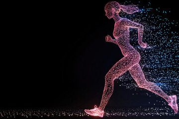 Poster - Digital wireframe female runner, abstract neon lines, energetic motion, futuristic style, black background