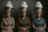 Three elderly women with serious expressions sit under vintage bonnet hair dryers in a salon. Retro, quirky, and nostalgic scene.