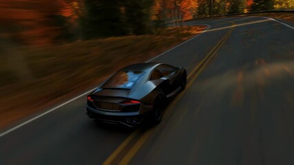 Wall Mural - sleek gray electric vehicle navigates a scenic mountain pass during peak fall foliage, showcasing sp