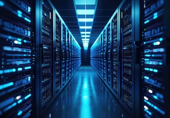 Poster - High-tech corridor of glowing server racks in a modern data center with blue lighting, perfect for visualizing cloud infrastructure, IT storage, and digital network systems