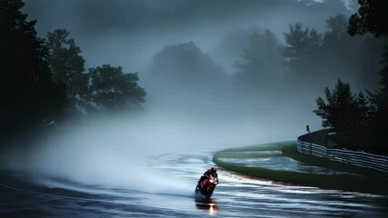 Poster - Motorcycle rider navigating misty wet track, leaning into challenging curve with intense concentration, embodying motorsport adventure and atmospheric tension