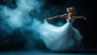 © Larisa AI - An artistic capture of a graceful dancer in a flowing white dress, spinning in a dramatic atmosphere filled with blue smoke, conveying elegance, freedom, and emotion through movement.
