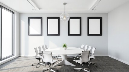Poster - Contemporary meeting room with blank picture frames, modern chairs, round table, and plant as a centerpiece against gray walls
