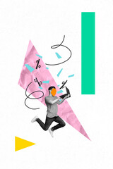 Aufkleber - 3d sketch poster art trend collage image of anonym man jump hold laptop faceless percentage sign economy progress career growth
