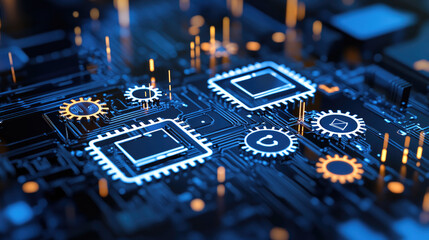 Fototapete - Futuristic microchip circuit board technology innovation blue abstract digital glowing sparks closeup