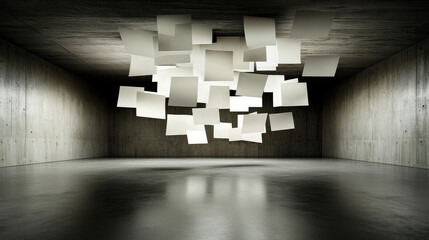 Poster - Floating white paper sheets suspended in modern concrete room, creating surreal and creative atmosphere