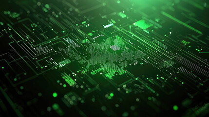 Fototapete - Futuristic green digital map of Europe glowing on circuit board, technology innovation, cyber network