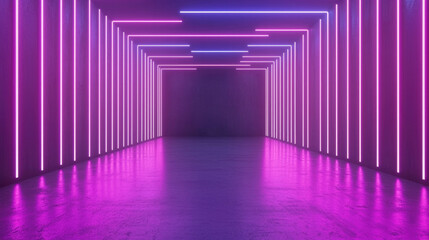 Aufkleber - Futuristic neon tunnel with glowing pink and blue lights, reflective floor, and immersive high tech atmosphere