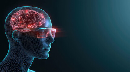 Poster - Futuristic wireframe human head with glowing brain, digital glasses, technology, innovation, artificial intelligence