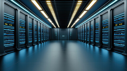 Poster - Futuristic server room with blue neon lighting, data center technology, modern interior, digital network