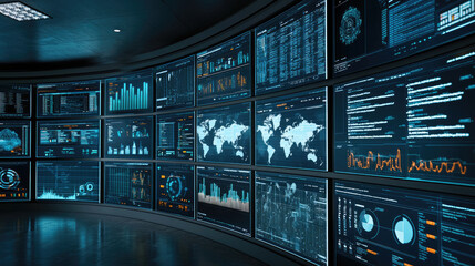 Poster - Futuristic control room with digital data dashboards, world map, analytics, and glowing blue screens, high tech atmosphere