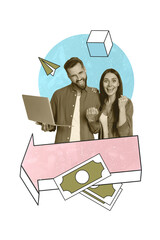 Poster - Vertical 3d poster art collage of two happy girl guy hold laptop freelancer income arrow development capital usd earnings