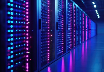 Poster - 3D rendering of modern data center with glowing blue and pink LED lights on server racks, ideal for cloud technology, cybersecurity, and infrastructure visuals