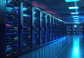 Aufkleber - 3D rendering of data center aisle with blue glowing server racks and futuristic lighting, perfect for cloud computing, cybersecurity, and IT infrastructure concepts