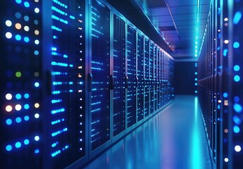 Aufkleber - Futuristic data center corridor with glowing blue server racks and symmetrical perspective, ideal for cloud services, IT infrastructure, and digital security themes