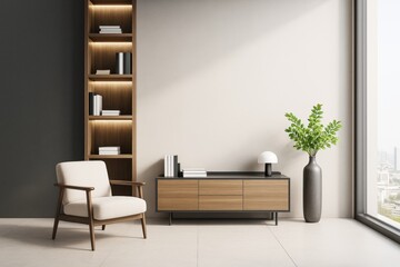 Aufkleber - Modern minimalist living room interior with wooden furniture, elegant decor and city view through large window in bright natural light.