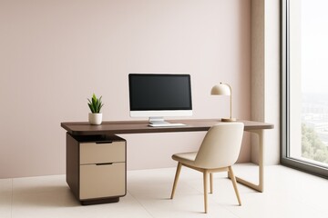 Aufkleber - Minimalist modern office interior with computer desk, chair, lamp, and plant by large window in bright contemporary room with soft lighting..
