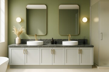 Poster - Modern twin-sink bathroom with green walls, gold fixtures, and large mirrors in a bright and contemporary interior setting.