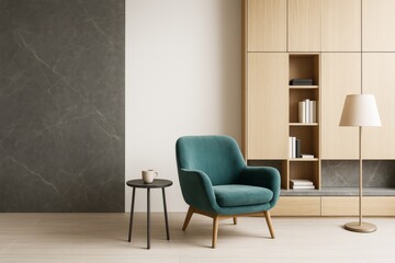 Aufkleber - Modern minimalist living room with teal armchair, wooden cabinet, and soft lighting in contemporary interior space. Ai generative.