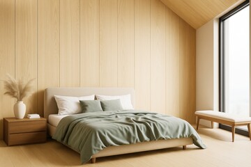 Poster - Minimalist natural wood bedroom interior with soft lighting and modern furniture in a cozy architectural space filled with light and calm decor.