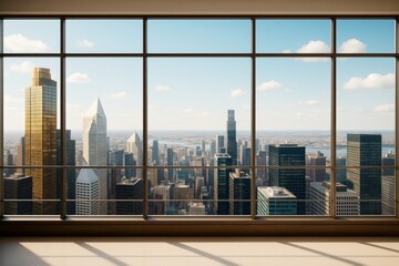 Poster - Modern empty interior room with panoramic floor-to-ceiling windows overlooking city skyline with tall buildings and blue sky background.