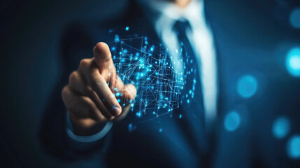 Aufkleber - Businessman touching digital holographic network interface, futuristic technology innovation concept