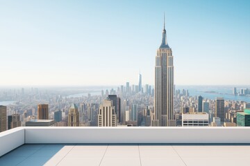 Poster - Modern rooftop terrace with panoramic city skyline and tall skyscrapers on bright clear morning background in contemporary architectural concept.