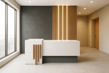 Aufkleber - Minimalist modern reception desk in bright contemporary interior with wood panel light accents and large window cityscape background.